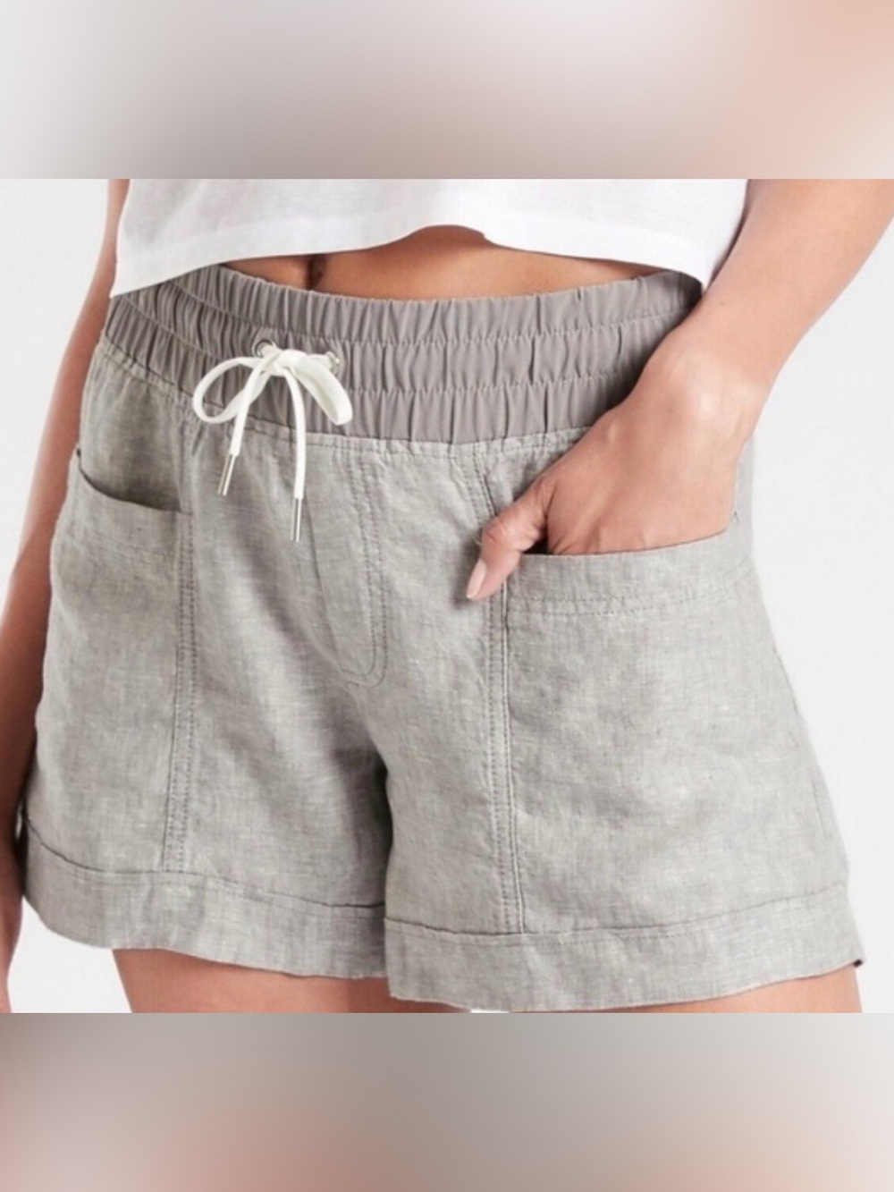 Athleta Cabo 4” Gray 100% Linen Drawstring Shorts sz 6